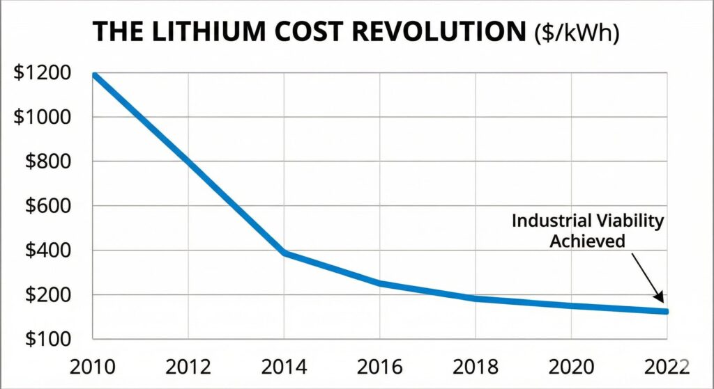 Gráfico de la drástica reducción del coste de las baterías de litio por kWh desde 2010