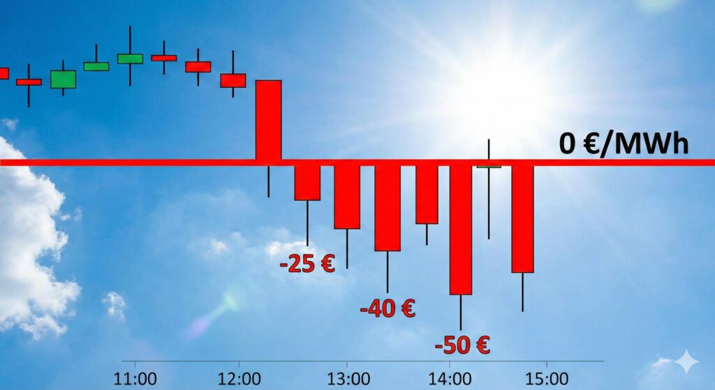 Gráfico financiero mostrando precios de la electricidad cayendo a valores negativos en el mercado mayorista