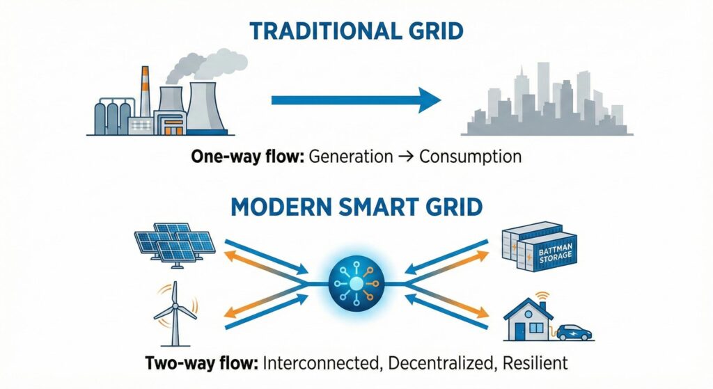 Infografía comparativa del modelo de red eléctrica tradicional frente a la red inteligente con almacenamiento.