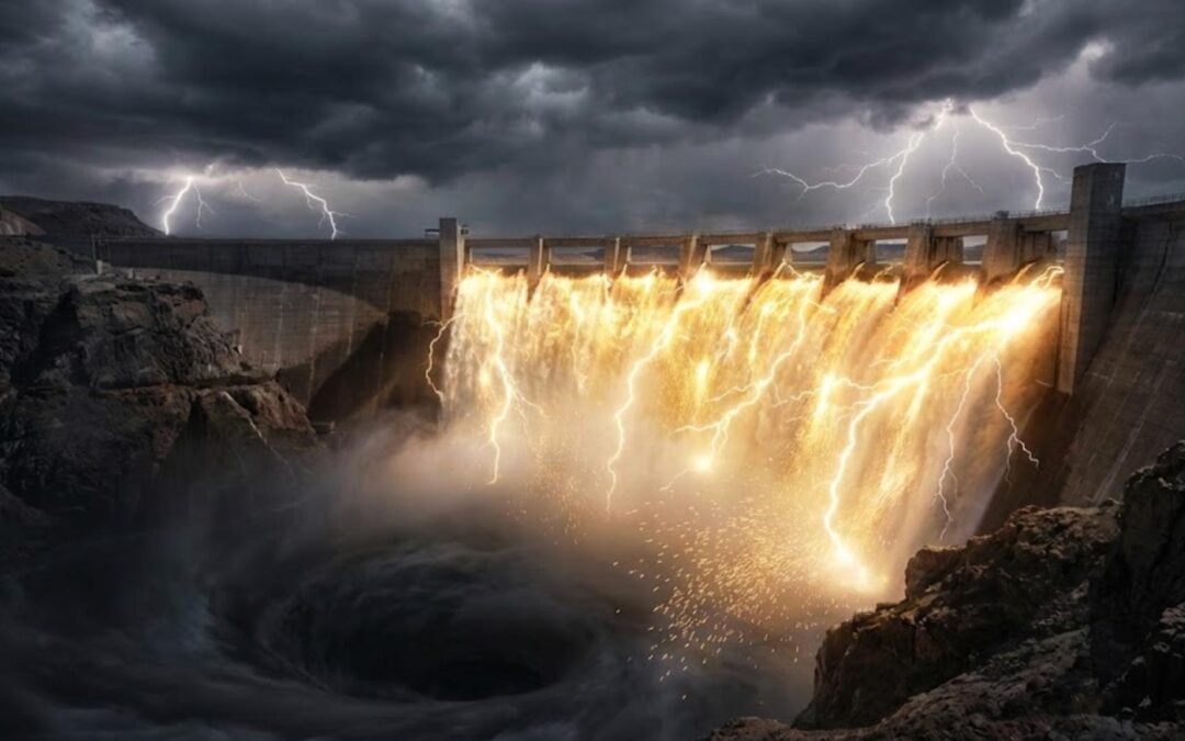 Presa hidroeléctrica desbordando energía y electricidad sobrante