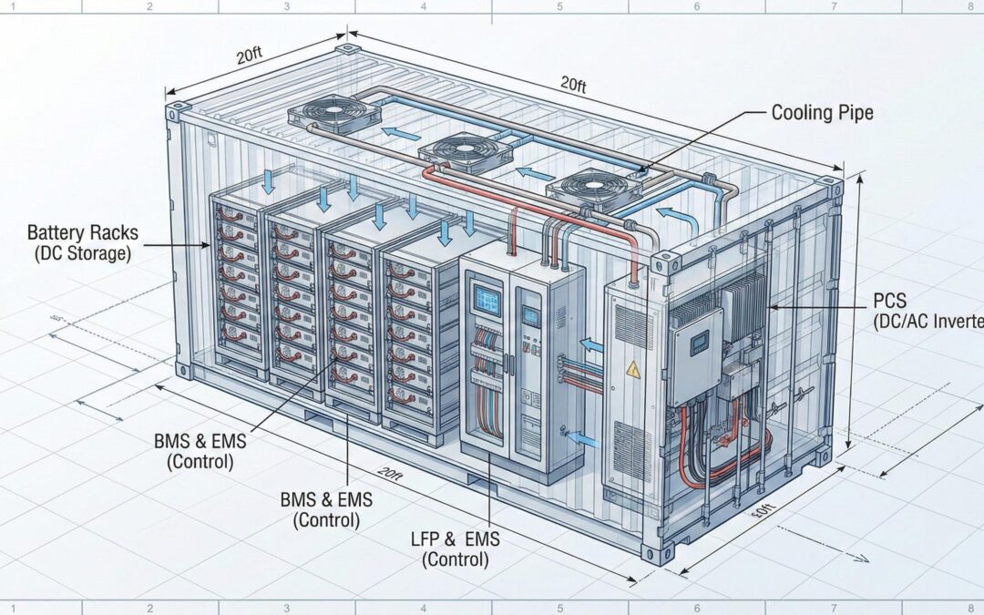 Diagrama técnico en vista explosionada de los componentes internos de un sistema BESS