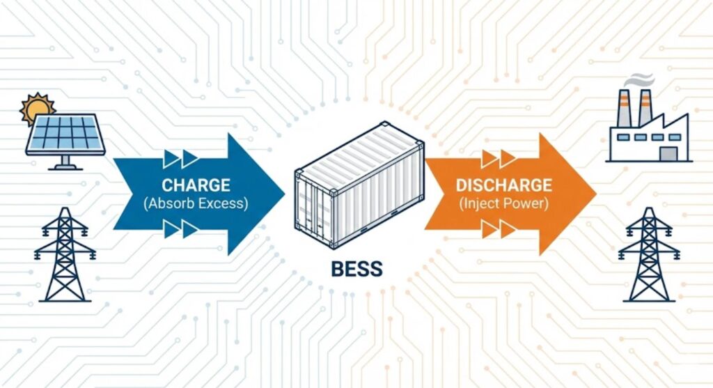 Esquema del flujo bidireccional de energía de un sistema BESS