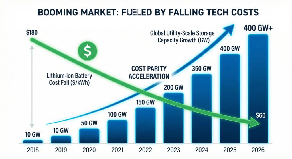 Gráfico del crecimiento global del almacenamiento energético y la caída de costes de las baterías de litio
