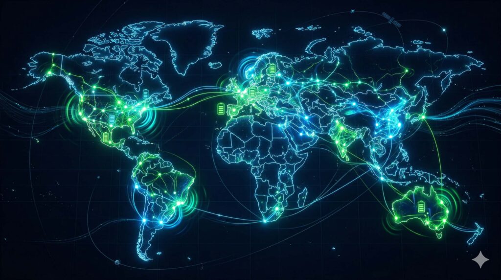 Mapa mundial con flujos de energía y nodos de crecimiento del almacenamiento en baterías BESS en Europa, Estados Unidos y Australia