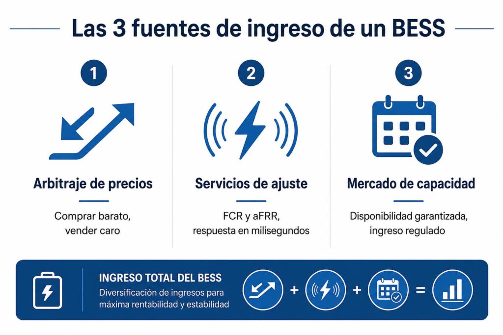 Infografía sobre las tres fuentes de ingresos de un sistema BESS: arbitraje, ancillary services y mercado de capacidad
