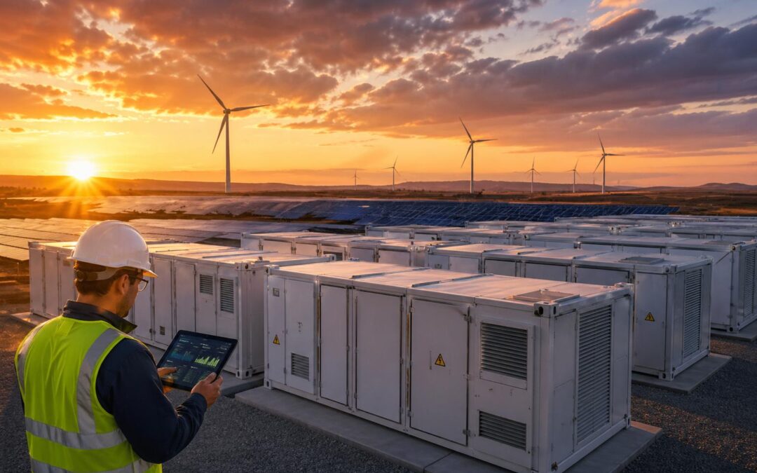 Instalación BESS utility-scale al atardecer con técnico revisando datos en tablet
